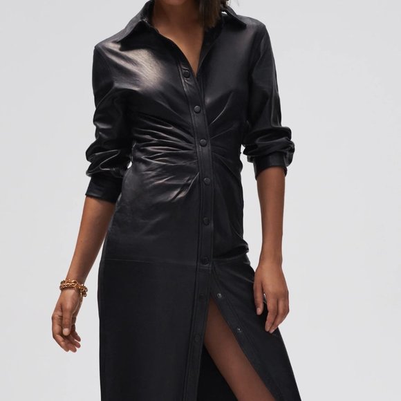 Zara Dresses & Skirts - ZARA BLACK SOFT VEGAN LEATHER MIDI COAT DRESS WITH SNAP BUTTONS. (LIKE NEW)